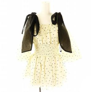 24SS ウエストシャーリングリボンブラウス プルオーバー ドット 五分袖 F オフホワイト