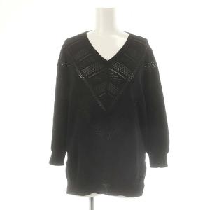 16Gコットン天竺透かし編みニット カットソー Vネック 2 ブラック /DO OS