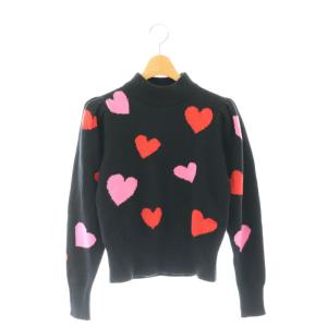 ハイネックニット セーター 長袖 ハート柄 ウール混 XXS 黒 ブラック