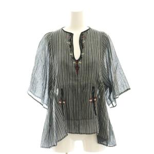 キーネック 刺繍ブラウス 半袖 ギャザー ペプラム ストライプ 38 黒 ブラック