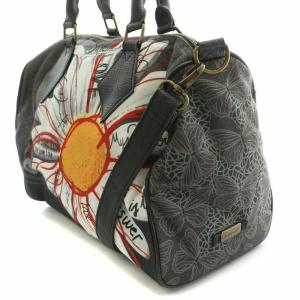 Desigual 2WAY ミニボストンバッグ ハンドバッグ ショルダーバッグ キャンバス 総柄 ロゴ 刺繍 黒 ブラック