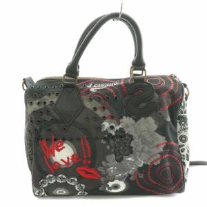 Desigual 2WAY ミニボストンバッグ ハンドバッグ ショルダーバッグ キャンバス 総柄 ロゴ 刺繍 黒 ブラック