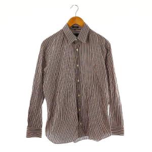ストライプコットンシャツ 長袖 M ダークブラウン ピンク 白