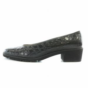 Salvatore Ferragamo パンプス ラウンドトゥ チャンキーヒール レザー クロコ型押し 5.5 黒 ブラック /BB OF