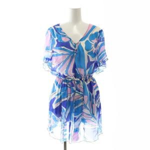 ハーフスリーブ Vネックチュニック フレア シルク USA4 青 ブルー ピンク