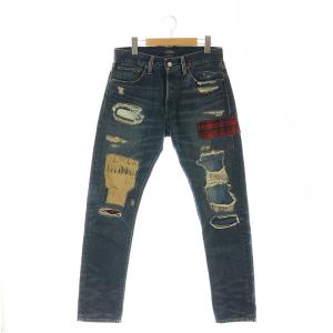 デニムパンツ ジーンズ ダメージ加工 パッチワーク ボタンフライ 28 30 インディゴブルー /KO