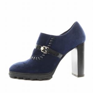 ブーティ アーモンドトゥ チャンキーヒール スエード 37 紺 ネイビー /AN21 OF