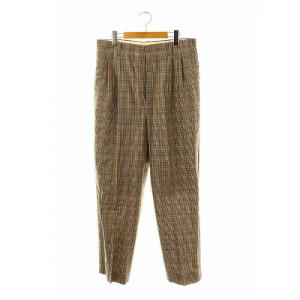 2タック チェックスラックスパンツ ボトムス センタープレス 46 S ベージュ 茶 ブラウン /YQ