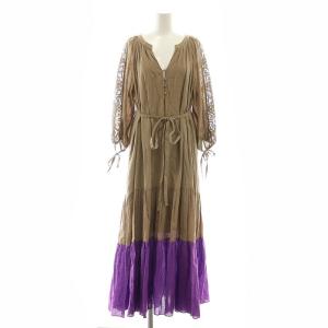 配色ティアードカフタンワンピース ロング マキシ丈 36 茶 ブラウン 紫 パープル