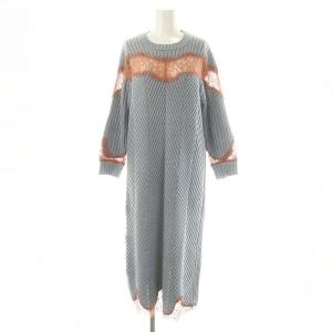 レース切替ニットワンピース 長袖 コットン 36 青 ブルー