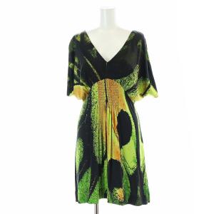 シルク 総柄 Vネック 半袖 ワンピース ひざ丈 1 黒 ブラック 黄 イエロー /AT OS