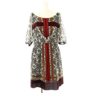 パワーネット 総柄 半袖 ワンピース ひざ丈 フレア 0 XS 黒 ブラック マルチカラー /YQ OS