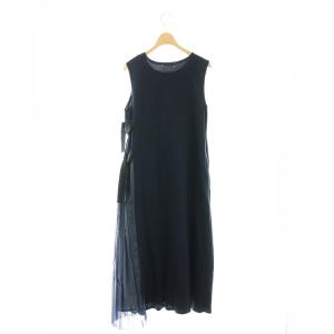 LANVIN en Bleu サイドリボン ノースリーブワンピース プリーツ 38 紺 ネイビー