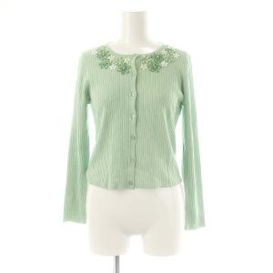 フラワーモチーフ ビジュー リブ カーディガン ニット M 黄緑 /MI OS