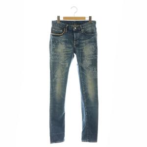 スタッズ ロゴ デニムパンツ ジーンズ スキニー スリム XS 紺 ネイビー