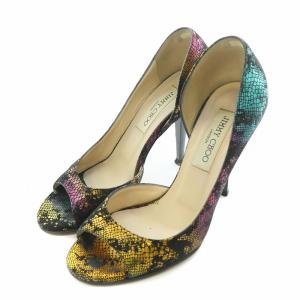 パンプス オープントゥ ラウンドトゥ ハイヒール レザー 36.5 黒 ブラック マルチカラー /BB