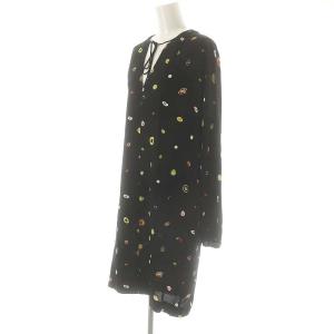 DIANE von FURSTENBERG 総柄 スリットカラーワンピース 膝丈 長袖 XS 黒