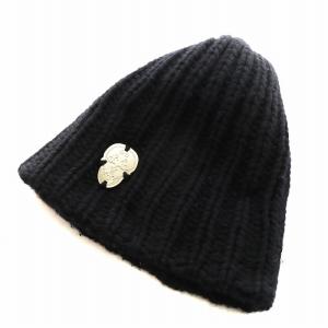 ニットキャップ ニット帽 ビーニー 帽子 メタルプレート ウール カシミヤ混 黒 ブラック /AN22