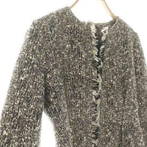 YOKO CHAN YOKOCHAN ノーカラー フリンジ ツイードジャケット 36 ブラック オフホワイト /ES OS