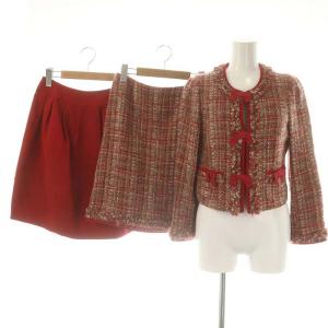 スカートスーツ セットアップ 3点セット ツイード ジャケット タイトスカート タックスカート 36 レッド