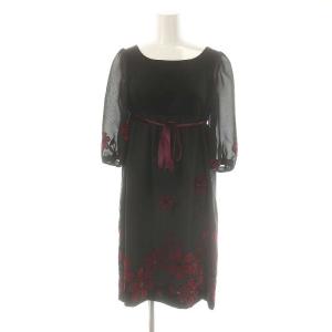 ベロア 異素材切替 花柄 七分袖 ワンピース ウエストリボン付き 36 黒 マゼンタピンク /MI OS