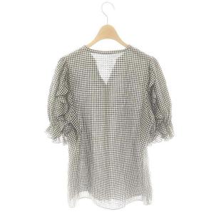 ANAYI ギンガムチェックフリルブラウス 五分袖 スキッパー 36 ブラック ホワイト