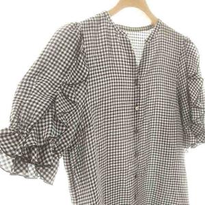 ANAYI ギンガムチェックフリルブラウス 五分袖 スキッパー 36 ブラック ホワイト