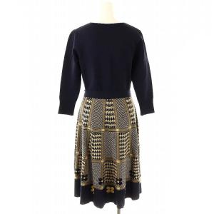 M'S GRACY ドッキングワンピース ニット 七分袖 ひざ丈 千鳥格子柄 フラワー 花柄 38 紺 ネイビー ベージュ