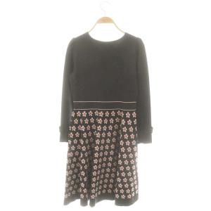 M'S GRACY フラワーモチーフドッキングワンピース ニット 膝丈 38 ダークグレー ピンク