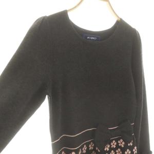 M'S GRACY フラワーモチーフドッキングワンピース ニット 膝丈 38 ダークグレー ピンク