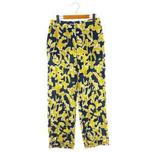キースフラワープリント ストレートパンツ 花柄 総柄 麻 リネン混 36 紺 ネイビー 黄 イエロー /KO