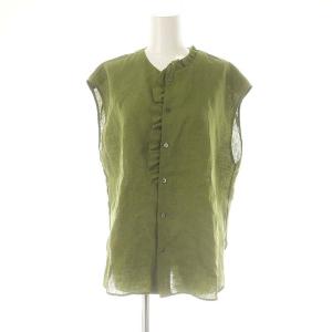 24SS リネンポプリン クルーネックブラウス 前開き ノースリーブ F オリーブグリーン