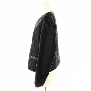 Drawer リネン混ライダースジャケット ジップアップ 総柄 ブラック