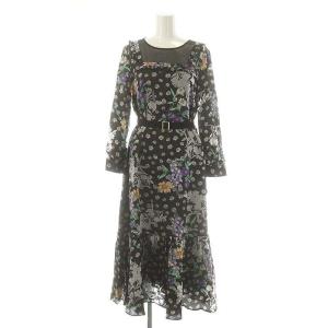 フラワーオパールプリントワンピース ロング 長袖 36 ブラック マルチカラー /DO OS