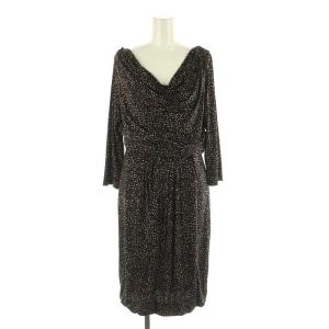 総柄ストレッチワンピース ロング 七分袖 44 オフホワイト ダークブラウン