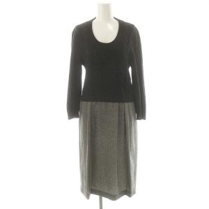 ニット 切替 ワンピース ロング 七分袖 L ダークグレー グレー /HK OS