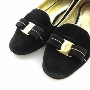 Salvatore Ferragamo パンプス オペラシューズ フラット ヴァラ リボン スエード 7 黒 ブラック ゴールド色