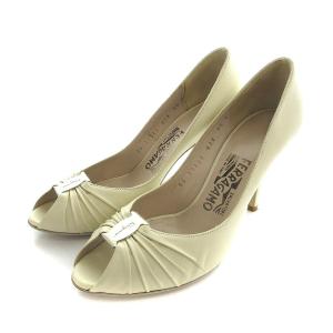 FIBERIA パンプス ハイヒール ヴァラ オープントゥ ギャザー レザー 6.5 白 ホワイト /EA