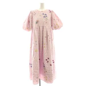 23SS ジャガード刺繍パフスリーブワンピース 半袖 ロング 花柄 1 ピンク マルチカラー