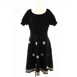 マーガレットモチーフニットワンピース ロング 半袖 40 黒 /HK OS
