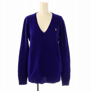 ニット ロングスリーブ ケーブル編み Vネック セーター M ブルー