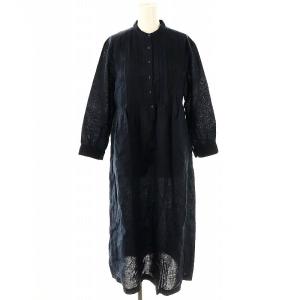 リネンハーフボタンシャツワンピース ロング ネイビー