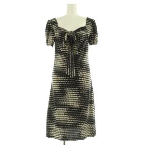 総柄 スクエアネックタイカラーワンピース 五分袖 36 ブラック