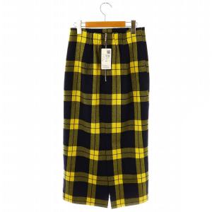 SHIPS 24AW チェック フリンジ スカート セミフレア 38 紺 黄色