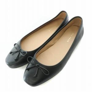 パンプス フラットシューズ ラウンドトゥ レザー リボン 7.5 黒 ブラック
