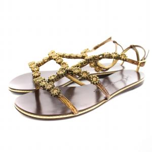 サンダル ストラップ フラット レザー ビジュー装飾 35 茶 ブラウン /KU OF