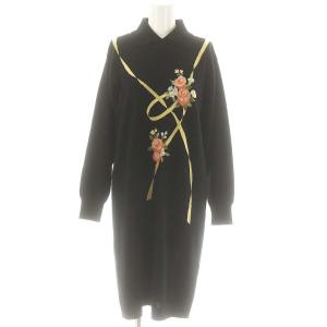 BALLY襟付きニットワンピース 膝丈 長袖 M ブラック マルチカラー /DO OS