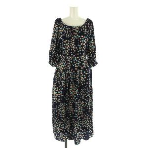 24SS ランダムハートドレープワンピース 総柄 ベルト付き 36 紺 水色 ベージュ