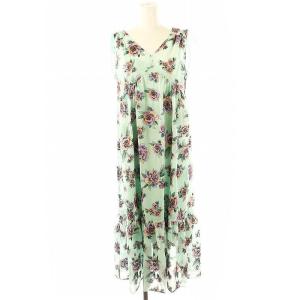24SS エスニックフラワー刺繍ワンピース ノースリーブ Vネック ロング丈 ティアード 36 ライトグリーン