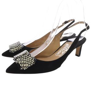 MIMMI リボンプレート サンダル ストラップ スエード ポインテッドトゥ 5.5cm 黒 ブラック